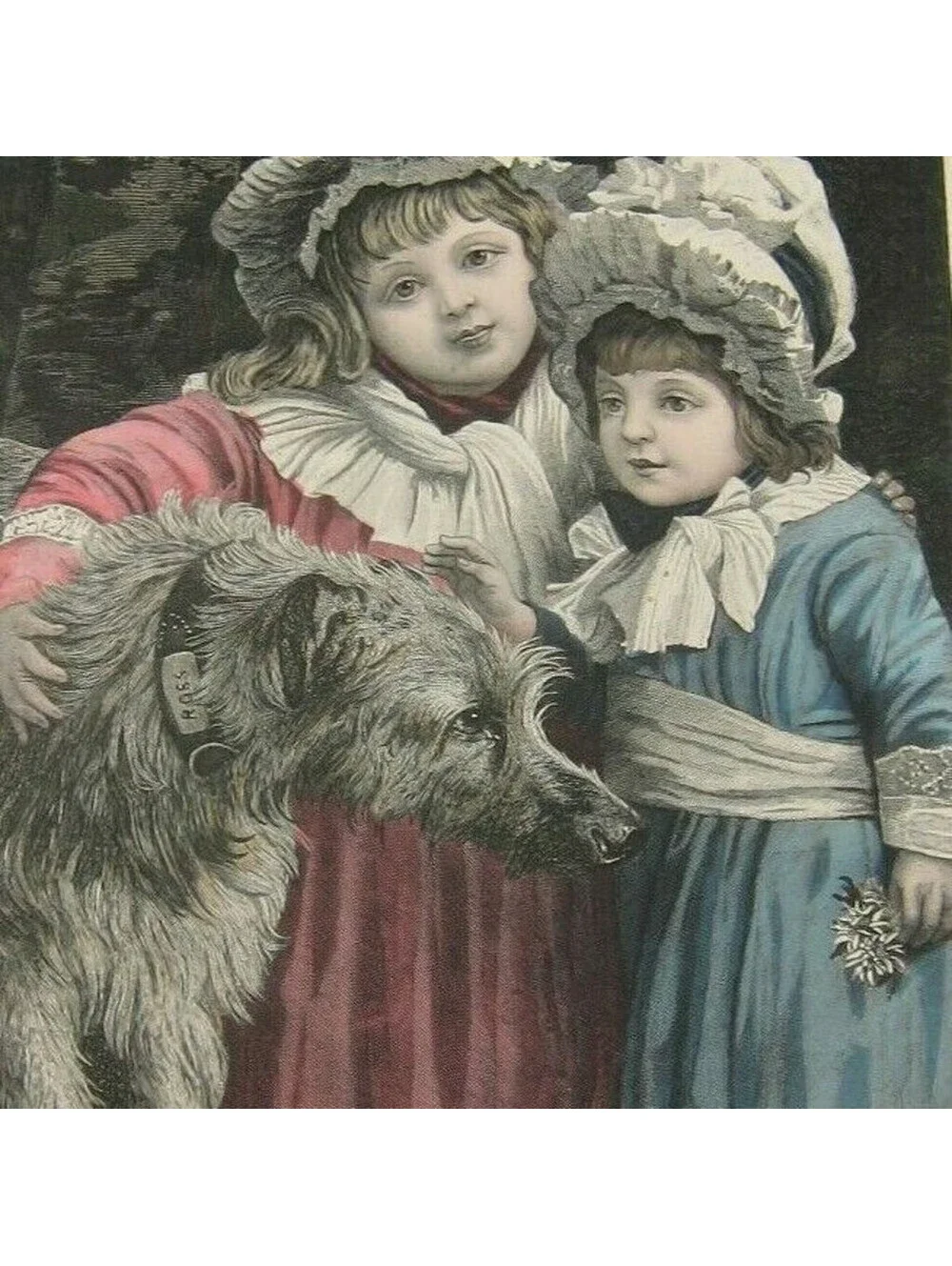 Antique 1800s Victorian Engraving Print Little Girls & Dog Three Friends Colored